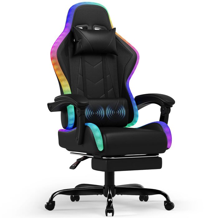 Геймерське крісло з RGB-світлодіодним підсвічуванням, 366 режимів освітлення, брудовідштовхувальна тканина PU, синхронізовані підлокітники, масажна подушка для попереку з USB-кабелем, ергономічне офісне та ігрове крісло з можливістю нахилу, чорний колір