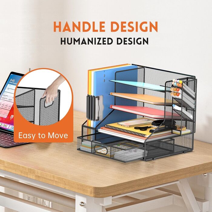 Органайзер для лотка для паперу з сітчастим тримачем для файлів, 5-ярусний настільний аксесуар та органайзер для офісного приладдя, чорний з тримачем для ручок