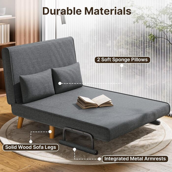 Місний диван-ліжко Xbro, крісло-ложок з регульованою спинкою та 2 подушками, крісло з функцією сну для невеликих квартир (темно-сірий), 2-