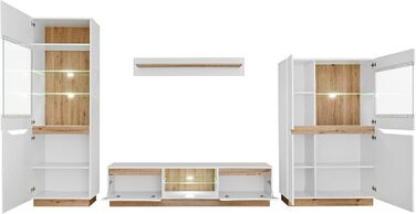 Настінна шафа для вітальні Generic Fame, настінна полиця для вітальні, стіна для телевізора, матова глянцева вітрина, низька тумба, настінна полиця зі світлодіодним підсвічуванням (білий/дуб Artisan) Білий / дуб Artisan