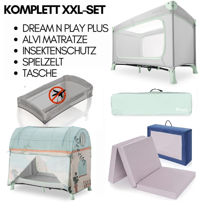 Дитяче дорожнє ліжечко hauck Dream N Play Plus XXL комплект аксесуарів з матрацом, ігровим тентом та сіткою від комах, складне та розкладне, сумка та великий вхід Dusty Mint