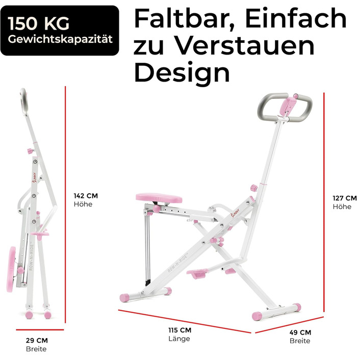 Тренажер для присідань Sunny Health & Fitness Row-N-Ride, складний тренажер із регульованим опором, домашній тренажер для тренування рук, сідниць та ніг, доступний у різних кольорах, рожевий