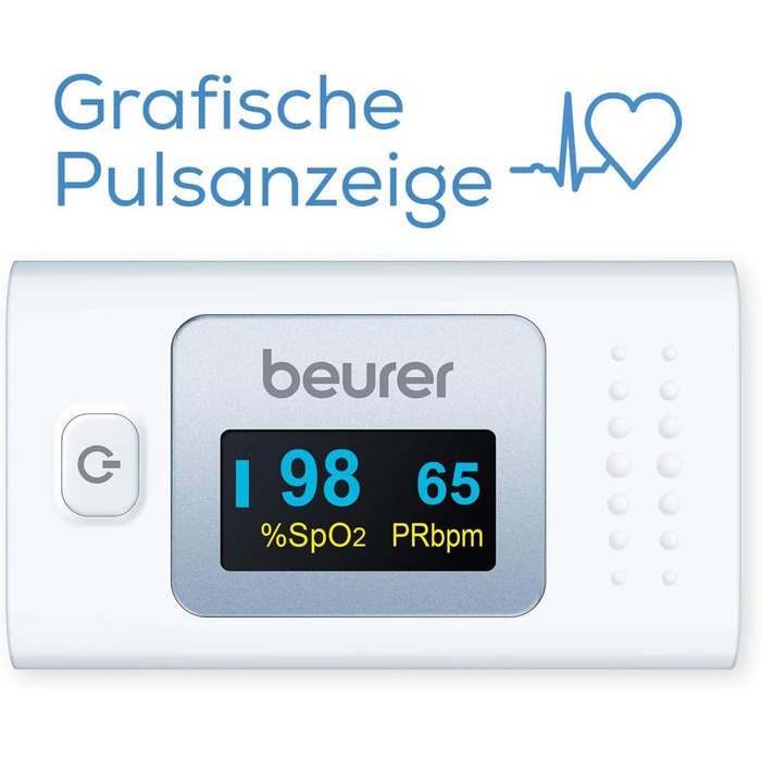 Пульсоксиметр Beurer PO 30, вимірювання насичення крові киснем (SpO) і частоти серцевих скорочень (пульсу), пальчикоксиметр з кольоровим дисплеєм, безболісне нанесення на палець, 6,1 x 3,6 x 3,2 см, білий (білий, одинарний)