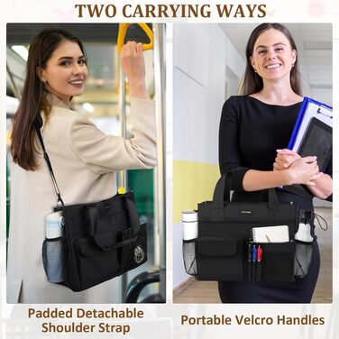 Жіноча сумка для вчителя, сумка для ноутбука з 15 кишенями, робоча сумка для медсестер, вчителів та лікарів, чорна XL (41 x 15 x 32 см)