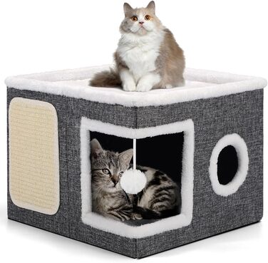 Складаний котячий будиночок для великих котів, 43Д x 43Ш x 32В см, котяча печера з дряпалькою та ігровим м&39ячиком, 2-шаровий котячий куб для малих та середніх тварин