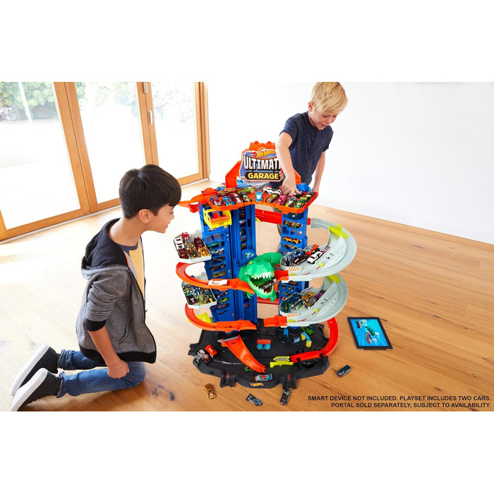Парковка Hot Wheels вкл. 2 іграшкові машинки, з багатоповерховим автотреком, атакою T-Rex і місцем для 100 машинок, висота 90 см,