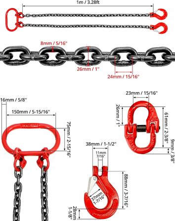 Підйомний строп QWORK 3T - 1 м - 2 нитки - G80 Ланцюг з марганцевої сталі (8 мм) - Гак з високоміцної легованої сталі 1 м