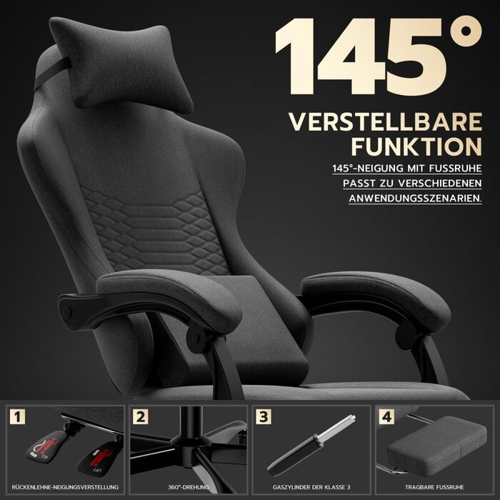 Ергономічне ігрове крісло з масажем, підголівником та регульованою підставкою для ніг - тканинний чохол, темно-сірий, регульовані підлокітники, витримує до 136 кг