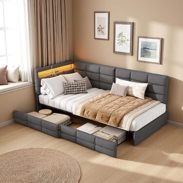 М&39яке ліжко/диван-ліжко 90x200 з 2 шухлядами для зберігання речей, дитяче ліжко 90x200 зі світлодіодним освітленням та зарядною станцією USB, односпальне ліжко з дерев&39яним рейковим каркасом, лляно-сірий (без матраца) лляно-сірий 90x200 см