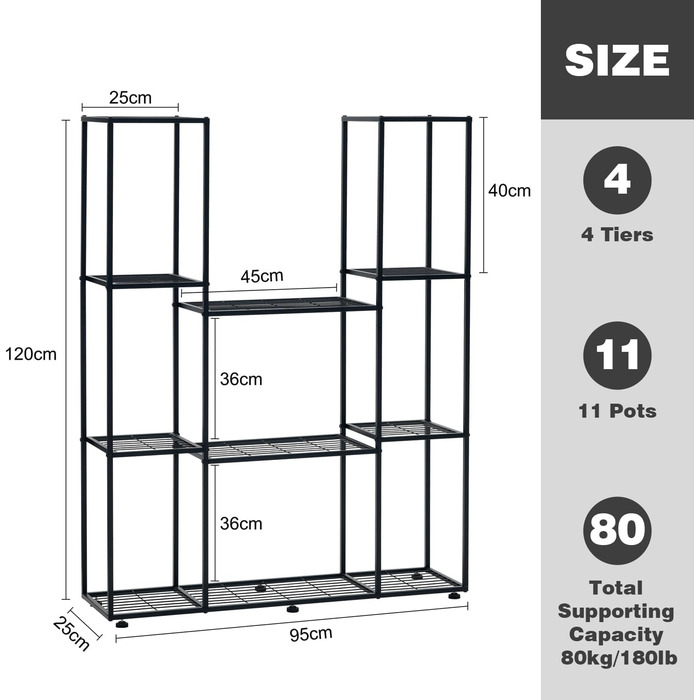 Металева підставка для квітів, 4 яруси, 11 горщиків, підставка для рослин для приміщень/вулиці, водонепроникна, багатоярусна підставка для рослин для саду, балкону, вітальні, двору, чорна, 95x25x120 см