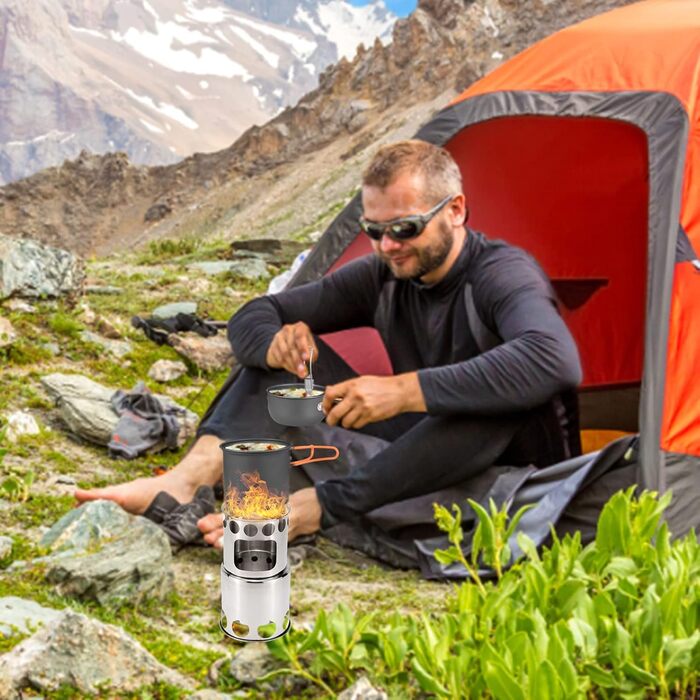 Портативний набір посуду для кемпінгу, алюмінієві каструлі з антипригарним покриттям, нержавіюча сталь, кемпінгова плита, складне начиння, повний комплект посуду для приготування їжі на свіжому повітрі та кемпінгу.