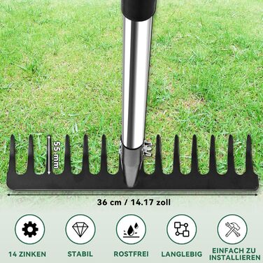 Гартований садовий грабель з ручкою, металевий грабель з 14 зубцями для розпушування ґрунту та вирівнювання газону, садовий інструмент, міцний грабель для листя з нержавіючою ручкою