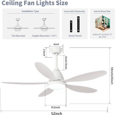 Стельовий вентилятор FENGYUN ELE зі світлом, 132 см білий стельовий вентилятор зі світлом і пультом дистанційного керування, ревер