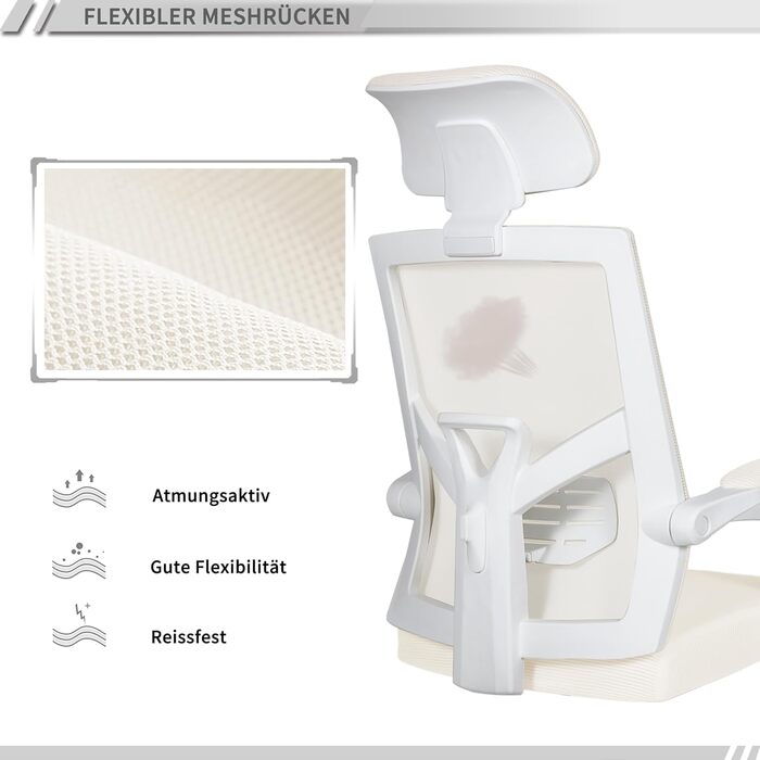 Ергономічне офісне крісло UEV з сітки, стілець для роботи з підставкою для ніг, обертове крісло з регульованим підголівником та поперековою опорою, регулювання висоти та нахилу до 135, дихаюча тканина, бежевий колір