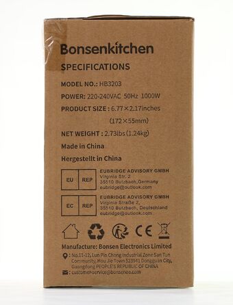 Ручний блендер Bonsenkitchen, ручний блендер 4-в-1 електричний, безступінчаста швидкість 1000 Вт, нержавіюча сталь, віночок, подрібнювач 500 мл і мірний стаканчик 700 мл для дитячого харчування, HB3203 (чорний) 4 в 1