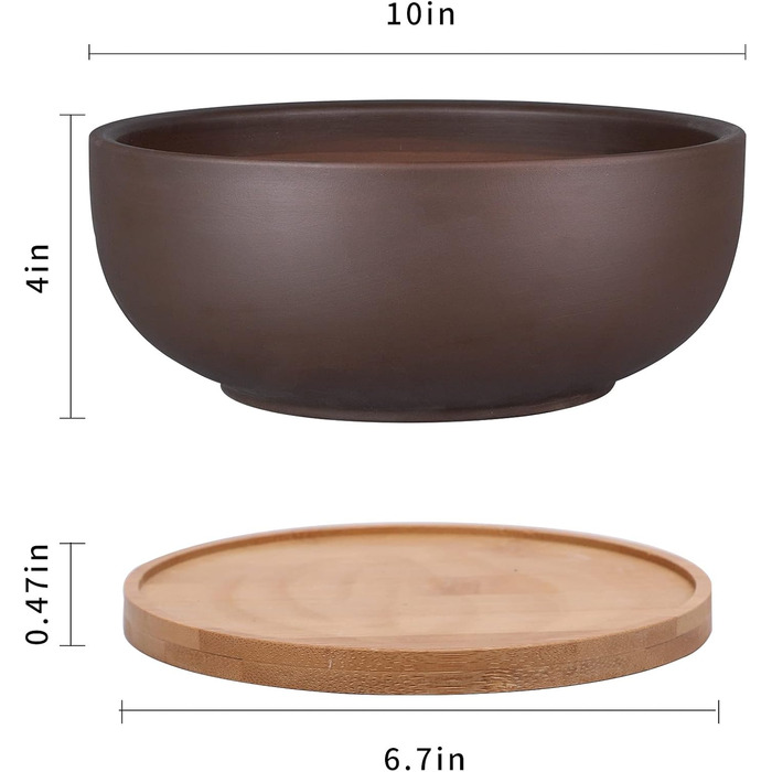 Теракотовий горщик 25 см, великий горщик для сукулентних бонсай з дренажним отвором та бамбуковим блюдцем для кімнатних рослин, коричневий
