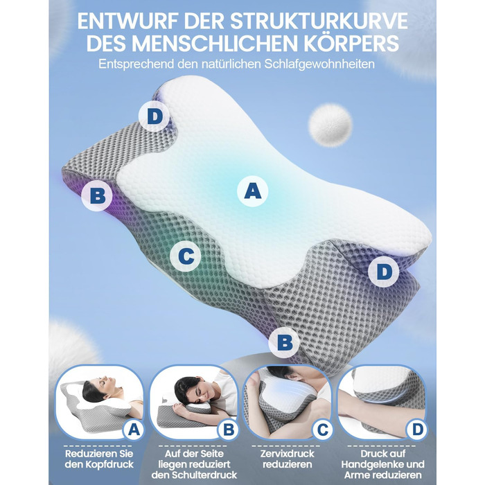 Подушка для шиї, подушка з піни з ефектом пам&39яті, ергономічна ортопедична подушка, 2 висоти для сну, зручна подушка для сну на боці, спині та животі, сіра