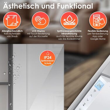 Інфрачервоний обігрівач KESSER потужністю 600 Вт для дзеркал, енергозберігаючий електричний обігрівач 2-в-1, окремостоячий та настінний, з датчиком відкритого вікна дистанційним керуванням та керуванням через додаток, термостат, інфрачервона нагрівальна п