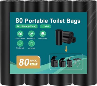 Міцні та стійкі до розривів сумки для туалету WADEO, 80 предметів, кемпінгові сумки для туалету, пакети для сміття, об&39ємом 50 л кожна (0,03 мм), портативні універсальні сумки для туалету, надзвичайно товсті туалетні аксесуари, для кемпінгу, походів, по