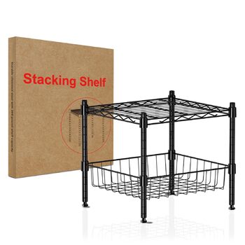 Металева стійка для зберігання, регульована штабелювальна стійка, штабелювана та розширювана стелажна система, міцна стелажна система для зберігання, полиця-органайзер для шафи (чорна, 2 рівні)