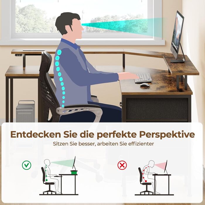 Г-подібний ігровий стіл на сім столів зі світлодіодним освітленням та розетками, кутовий стіл з 3 тканинними шухлядами та місцем для зберігання, комп&39ютерний стіл для домашнього офісу та ігор на ПК, рустикальний коричневий, 13513588 см, вінтажний коричн