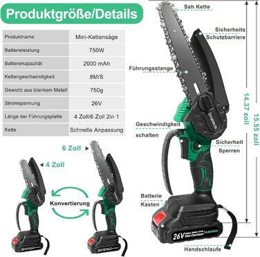 Міні-бензопила з акумулятором 4000mAh, 6&4 дюймова безщіткова міні-бензопила акумуляторна бензопила з двигуном Aufgers 2 батареї 2000mAh бензопила акумулятори ручна бензопила для садових ножиць ножиці для обрізки ножиці для різання дерева темно-зелені