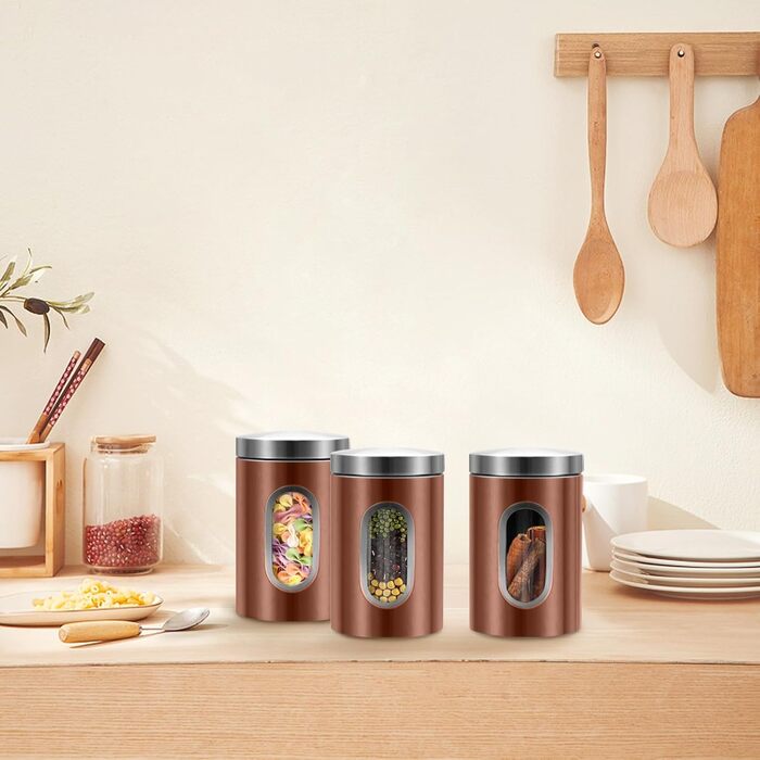 Набір кухонних банок з 3 предметів, харчові контейнери з нержавіючої сталі, органайзер з прозорим віконцем, кухонна стільниця, контейнери для зберігання кави, чаю, горіхів, борошна, цукру (коричневі)