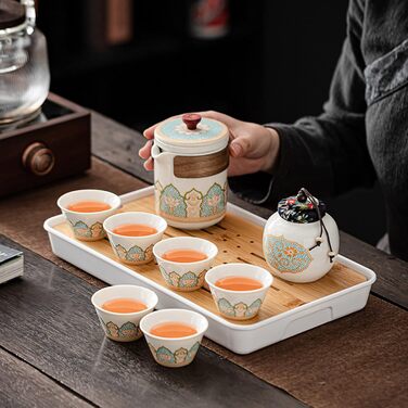 Китайський порцеляновий чайник fanquare з заварювальним блоком, керамічний чайний набір кунг-фу з дорожньою сумкою, ємністю для чаю та чайною дошкою, чайний набір з квітковим візерунком для дорослих, білий