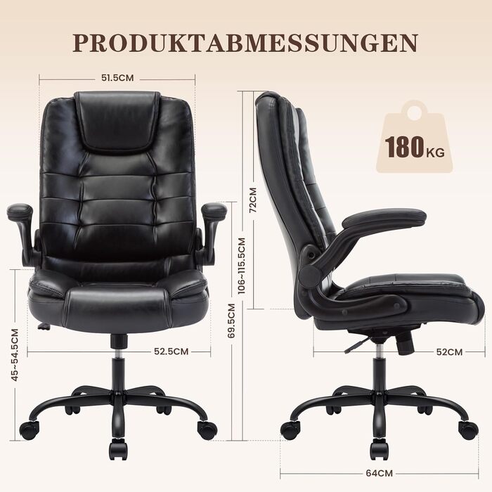 Ергономічне офісне крісло IWMH, регульоване по висоті крісло для роботи, обертове крісло зі штучної шкіри, висока вантажопідйомність та дихаюче крісло для керівника для домашнього офісу та офісу (чорне)