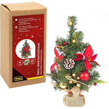 Декоративна різдвяна ялинка з 10 теплими білими світлодіодами, приблизно 40 см, ялинка з червоними та золотими прикрасами, різдвяна прикраса для приміщень, працює від батарейок з таймером, 31901 -