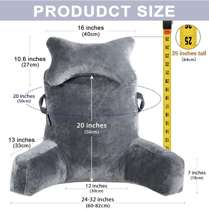 Подушка для читання, подушка для ліжка зі знімним потиличним валиком та вищим підлокітником для сидіння в ліжку, на дивані або підлозі, подушка для читання, подушка для спини для дорослих для читання, перегляду телевізора, темно-сіра 2