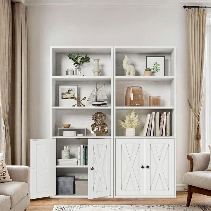 Книжкова шафа IRONCK з 2 дверима, 5-ярусна окремостояча полиця, книжкова шафа в індустріальному стилі, вітрина-полиця для навчання, офісу, вітальні, спальні, біла