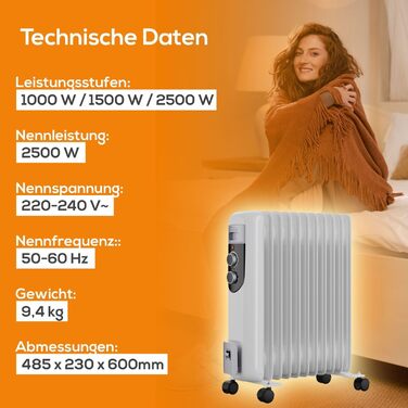 Електричний масляний радіатор Tronitechnik, 3 режими нагріву, 11 ребер, енергозберігаючий, термостат, захист від перегріву, OR-1 2500 Вт 11 ребер, білий