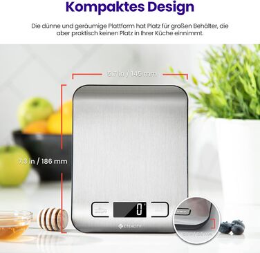 Кухонні ваги ETEKCITY, цифрові 5 кг з великим РК-дисплеєм, цифрова шкала, буквена шкала з великою ваговою поверхнею з нержавіючої