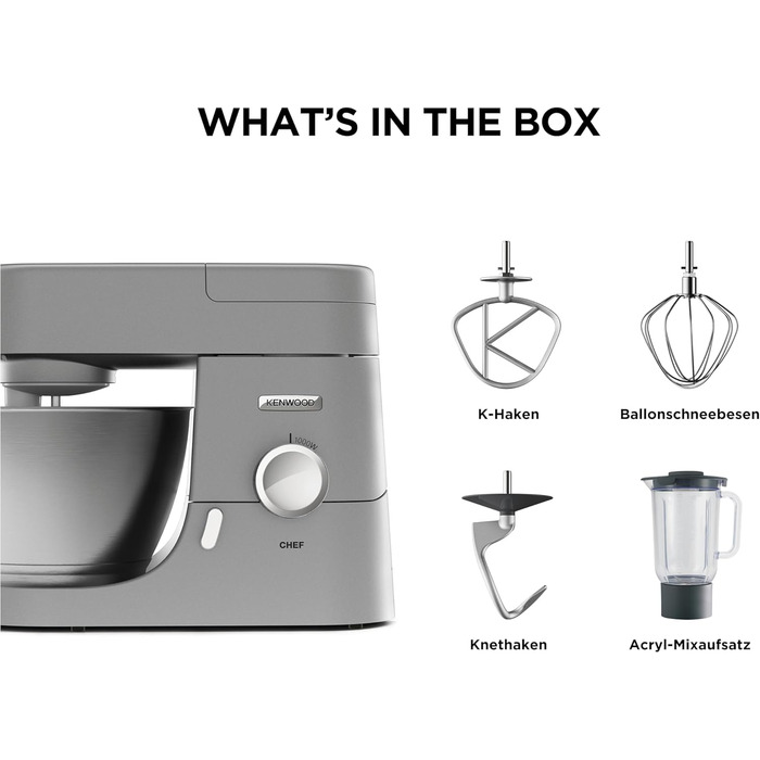 Кухонний комбайн Kenwood Chef KVC3110S, чаша для змішування з нержавіючої сталі 4,6 л, система безпеки з блокуванням, металевий корпус, 1000 Вт, включаючи набір для кондитерських виробів із 3 предметів і насадку для акрилового блендера, срібло