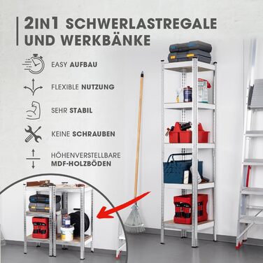 Міцний стелаж EASYmaxx 40x40x180 см Вантажопідйомність 875 кг, 175 кг на полицю Стелажі та верстак Підвальний стелаж, стелаж для зберігання з 5 регульованими полицями Для підвалу, гаража, кімнати для хобі, майстерні (40 x 40 x 180 см)