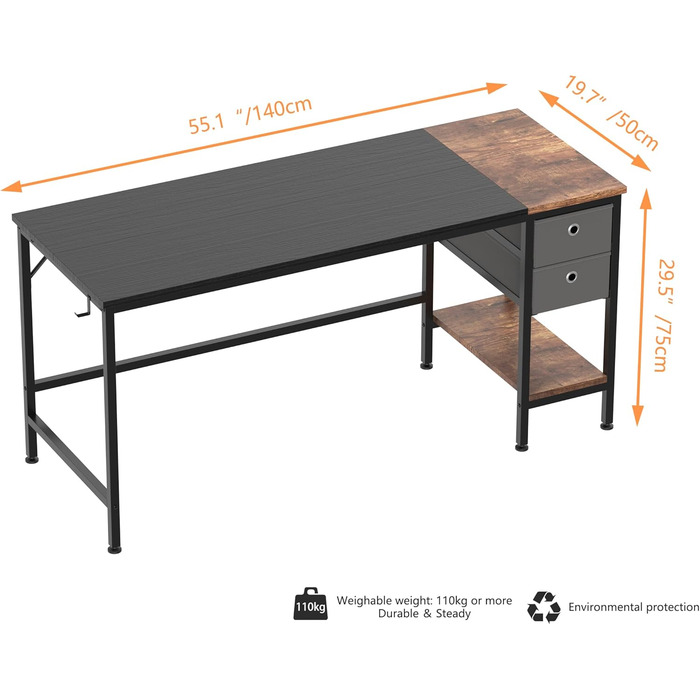 Письмовий стіл HOMIDEC, комп&39ютерний стіл, ПК-стіл, стіл з шухлядами, офісний стіл для офісу, вітальні, дому, офісу, 140 x 50 x 75 см, чорний, 140 см
