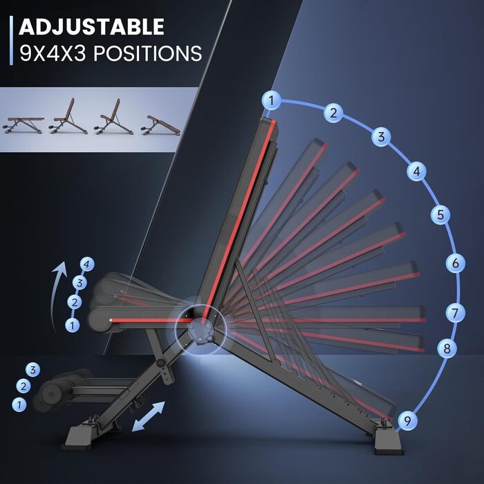 Складана силова лава PASYOU з регульованими положеннями 9x4x3, багатонахилна лава для тренування м&39язів живота та спини вдома, максимальна вантажопідйомність 318 кг