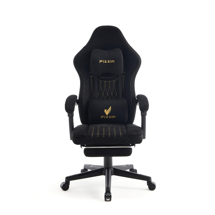 Ігрове крісло Fizzin, ергономічне ігрове крісло з висувною підставкою для ніг, регульованим підголівником, поперековою опорою (чорне)
