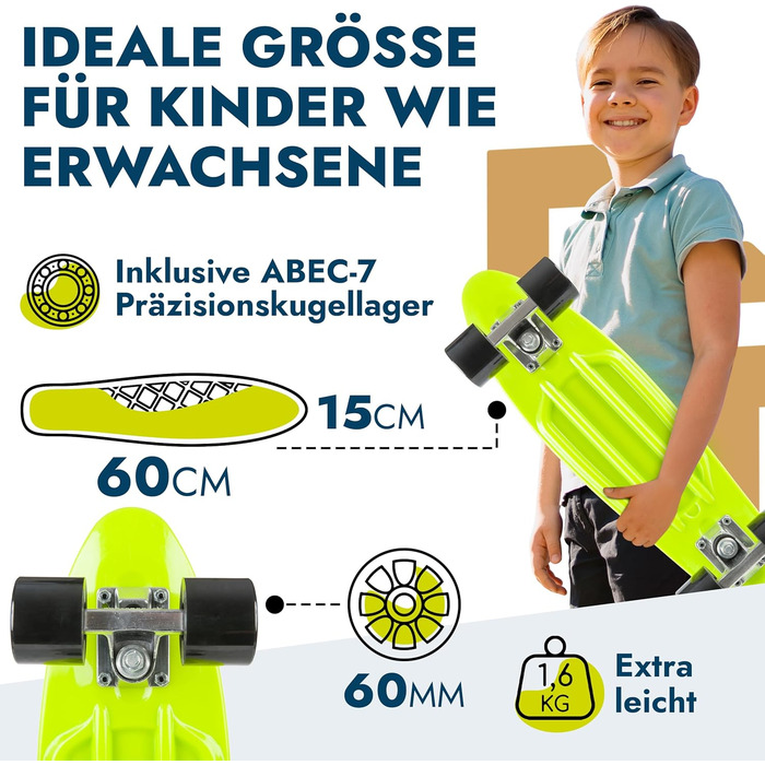 Скейтборд BIKESTAR Vintage Retro Cruiser 60 мм - круїзерний скейтборд для дітей та дорослих, початківці від 6-8 років, ретро дизайн Gecko Green Devilish Black