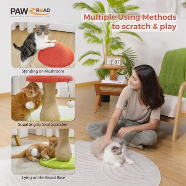 Когтеточка для котів PAWZ Road Cute, дряпалка для котів у формі грибів з когтеточкою в комплекті зі 100 сизалю та помпонами, іграшки для котів, котяче дерево-гриб для кімнатних котів.