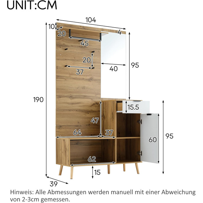 Шафа для одягу Ymkua настінна, шафа для передпокою з лавкою для взуття, дзеркалом і тумбою для взуття, шафа для одягу з 4 гачками