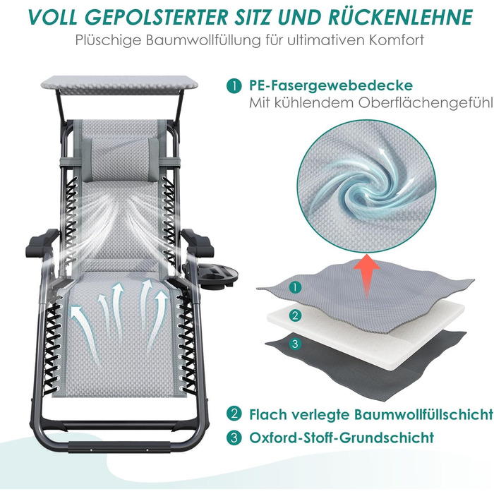 Складаний шезлонг з парасолькою, підголівником та тримачем для напоїв для саду, басейну та пляжу (сірий)