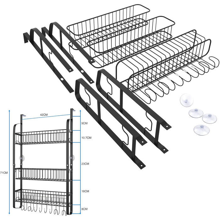 Полиця для холодильника з вуглецевої сталі, 3-секційна полиця для спецій (не потребує свердління), підвісна полиця з 8 гачками, підвісна кухонна полиця, органайзер для спецій з клейкими смужками