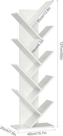 Книжкова полиця Mondeer Tree, 8-рівневі дерев&39яні окремостоячі полиці для компакт-дисків та журналів у вітальні або домашньому офісі, біла, 40 x 127 x 20 см