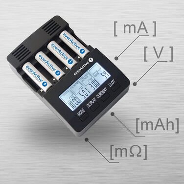 Зарядний пристрій everActive для 4 батарейок типу AAA, професійний та швидкий, РК-дисплей, тест ємності, тест внутрішнього опору, модель NC-3000
