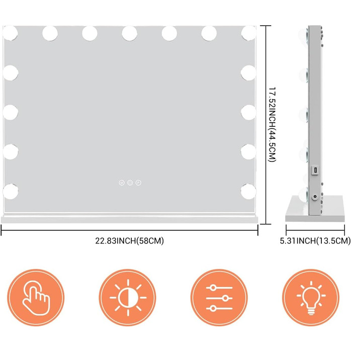 Голлівудське дзеркало для макіяжу з 15 світлодіодним підсвічуванням, косметичне дзеркало з сенсорним екраном з підсвічуванням, 3 колірні модифікації, регульована яскравість, з USB, настільне або настінне кріплення, біле 44.5L x 58B см, 2-FNS