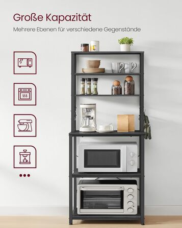 Кухонна полиця VASAGLE, окремостояча полиця, полиця для мікрохвильової печі, 6 полиць, 6 гачків, сталева рама, промисловий дизайн, 40 x 60 x 167 см, антрацитово-сірий - чорний KKS024B22 60B см антрацитово-сірий чорний