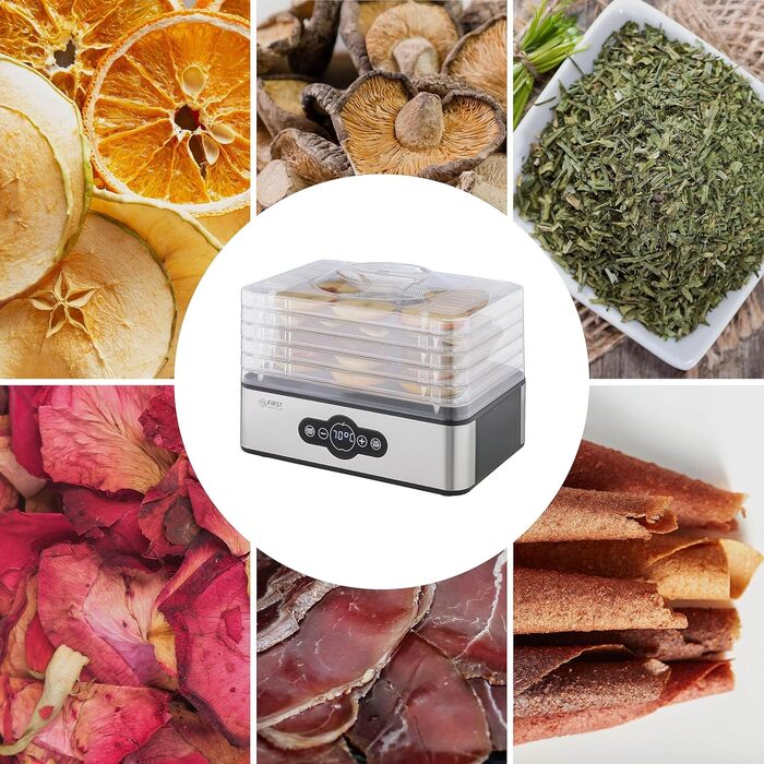 Дегідратор TZS First Austria Дегідратор для фруктів, трав, грибів і м'яса цифровий з таймером і регулятором температури 35-70C 5 полиць, полиці з нержавіючої сталі, дегідратор з таймером Полиці з нержавіючої сталі 5 поверхів