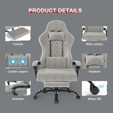 Масажне ігрове крісло Devoko тканинне, гоночне геймерське крісло з м'якої високотехнологічної тканини з масажною поперековою підтр